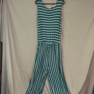 Zenana Teal and White Striped Jumpsuit Sz XL